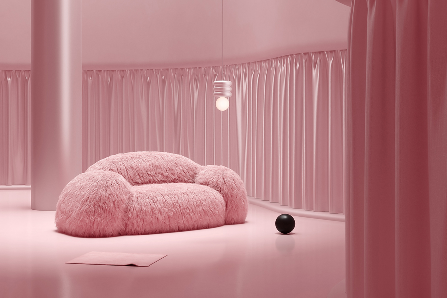 pink curved sofa